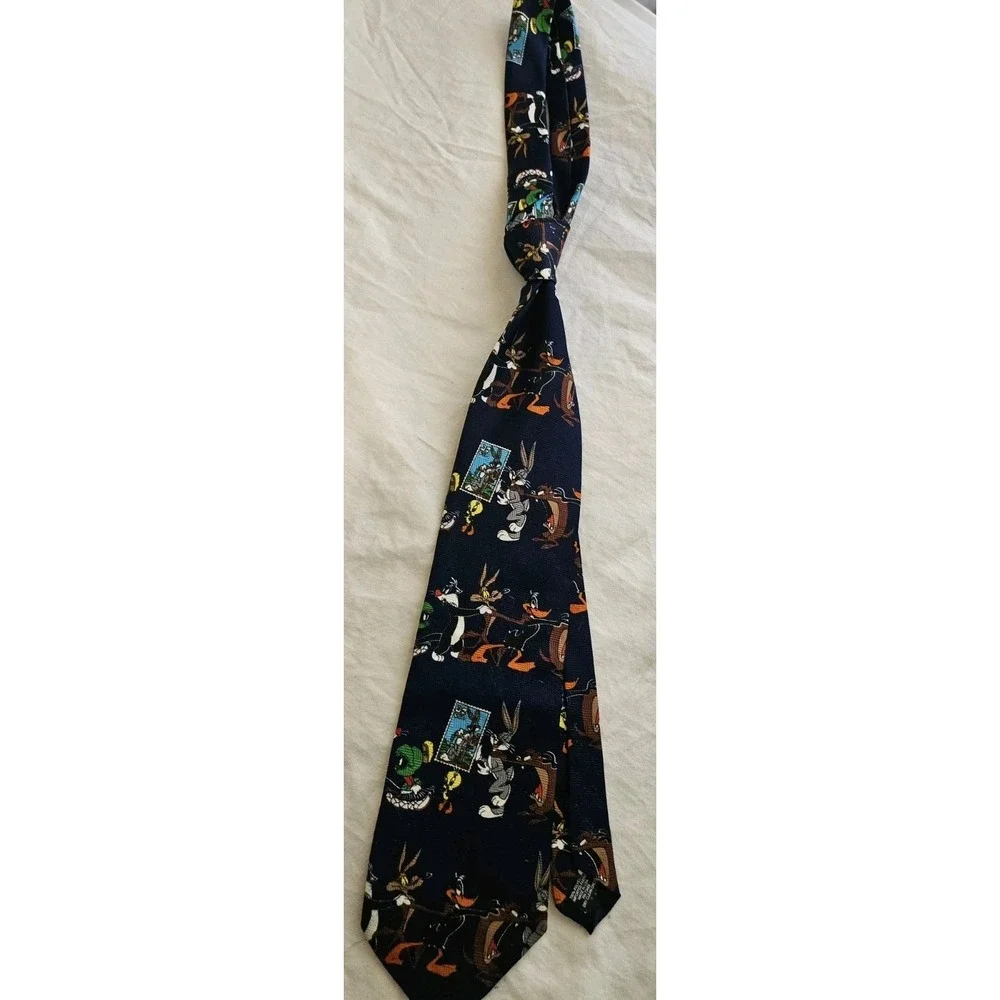 Looney Tunes Stamp Collection Silk Novelty Tie Blue Multicolor Character Print